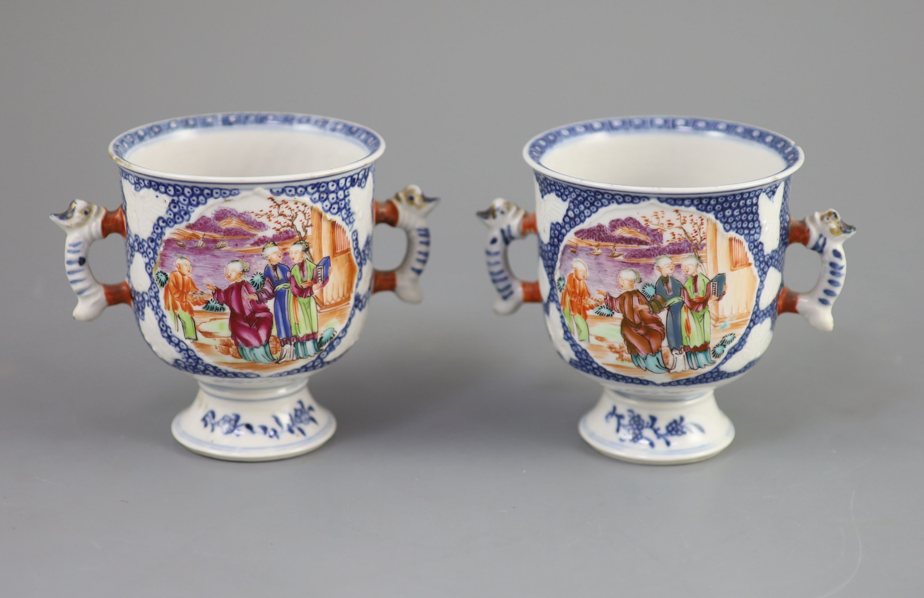 A pair of Chinese famille rose two handled cups, Qianlong period, 9.5cm high, slight faults